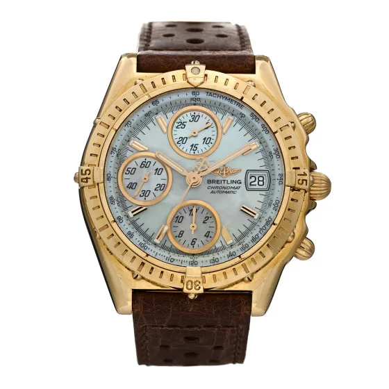 Rep BREITLING 18K Yellow Gold Alligator Mother of Pearl 40mm Chronomat Automatic Watch K13050.1 0115