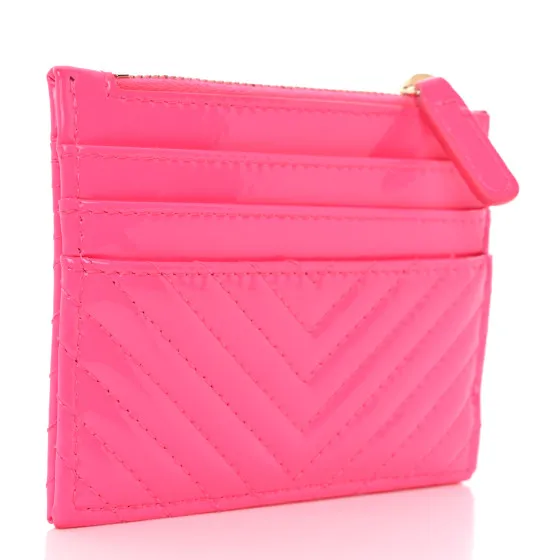 Cheap CHANEL Patent Chevron Quilted Boy Zip Card Holder Neon Pink 0118