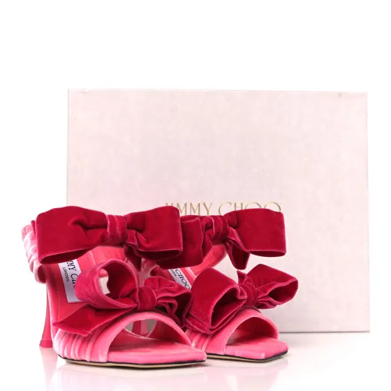 Cheap JIMMY CHOO Velvet Bow Flaca 100 Sandals 37 Candy Pink Fuchsia 0118