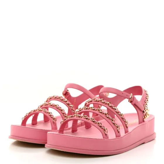 Rep CHANEL Calfskin Chain Platform Sandals 37 Pink 0117