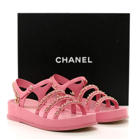 Rep CHANEL Calfskin Chain Platform Sandals 37 Pink 0117