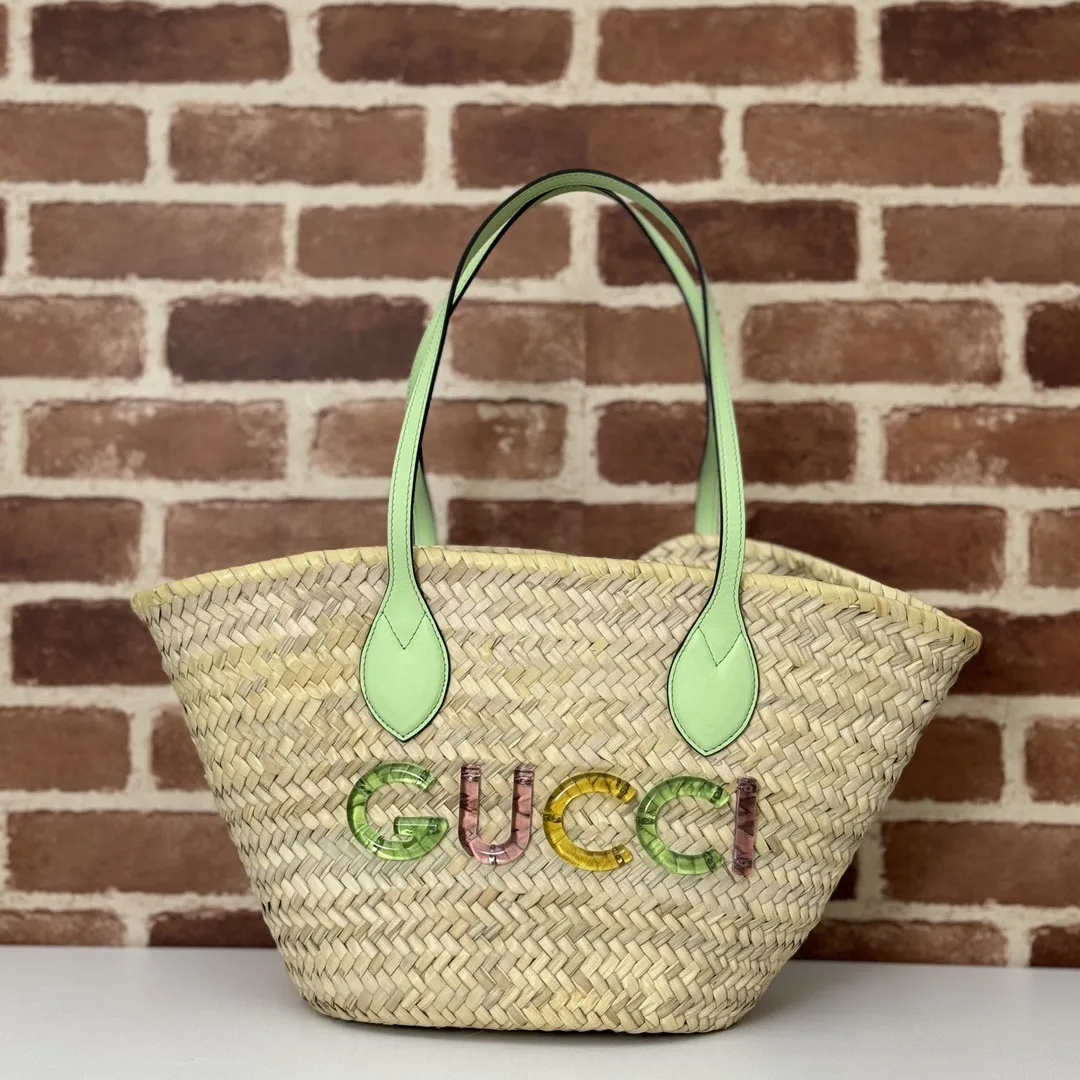 Rep GUCCI SMALL STRAW TOTE WITH GUCCI LOGO 0121