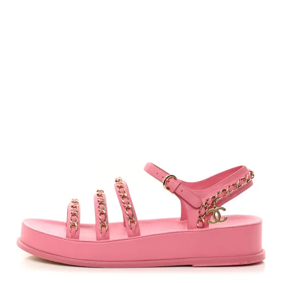 Rep CHANEL Calfskin Chain Platform Sandals 37 Pink 0117