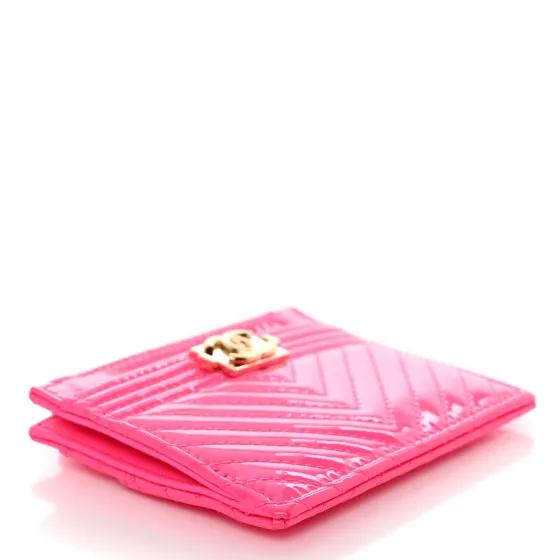 Cheap CHANEL Patent Chevron Quilted Boy Zip Card Holder Neon Pink 0118