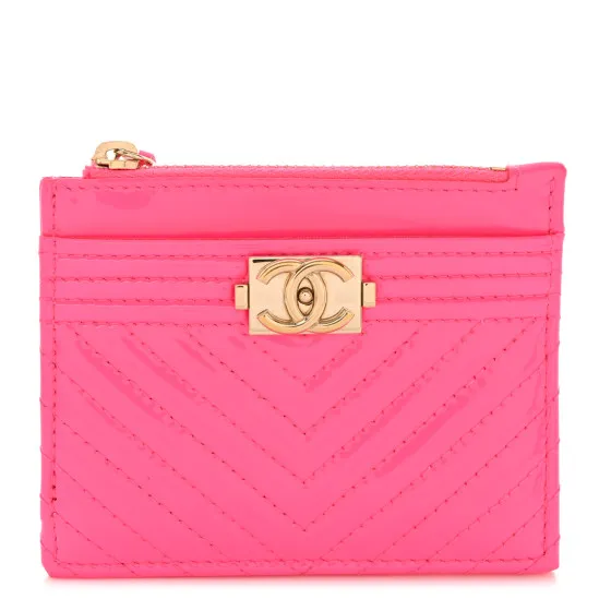 CHANEL Patent Chevron Quilted Boy Zip Card Holder Neon Pink 0118