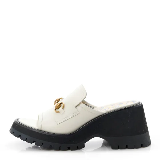 Affordable GUCCI Cordovan Lux Womens Harald Horsebit Platform Slide Sandals 39 Dusty White 0117