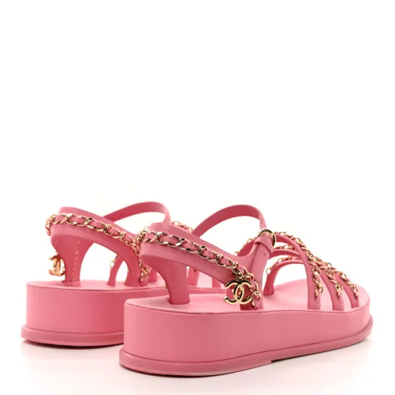 Rep CHANEL Calfskin Chain Platform Sandals 37 Pink 0117